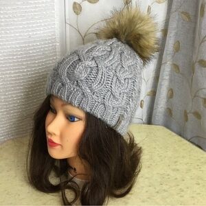 Bula Knit Wool Blend Beanie hat with faux fur Pom Pom